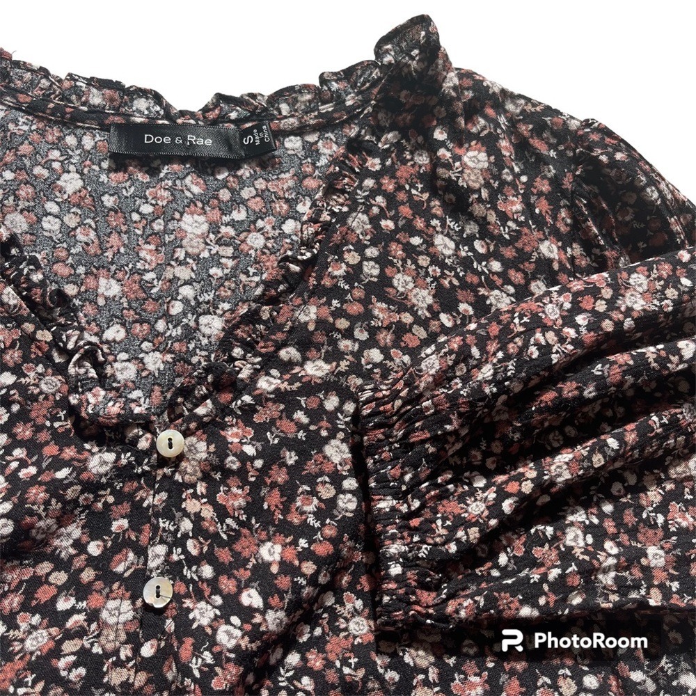 Doe & Rae Womens S Black Brown Floral Ruffle V-Neck Peplum Blouse 41750T Cottage